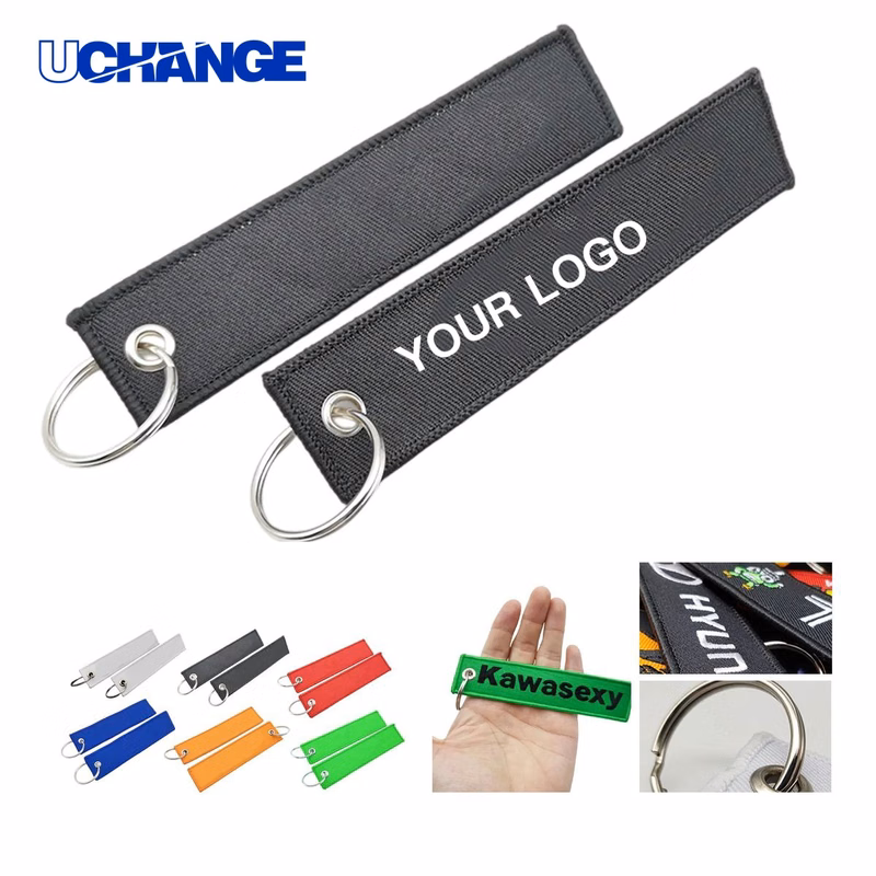 Double Sided Woven Keychain Tag Accessory with Steel Ring