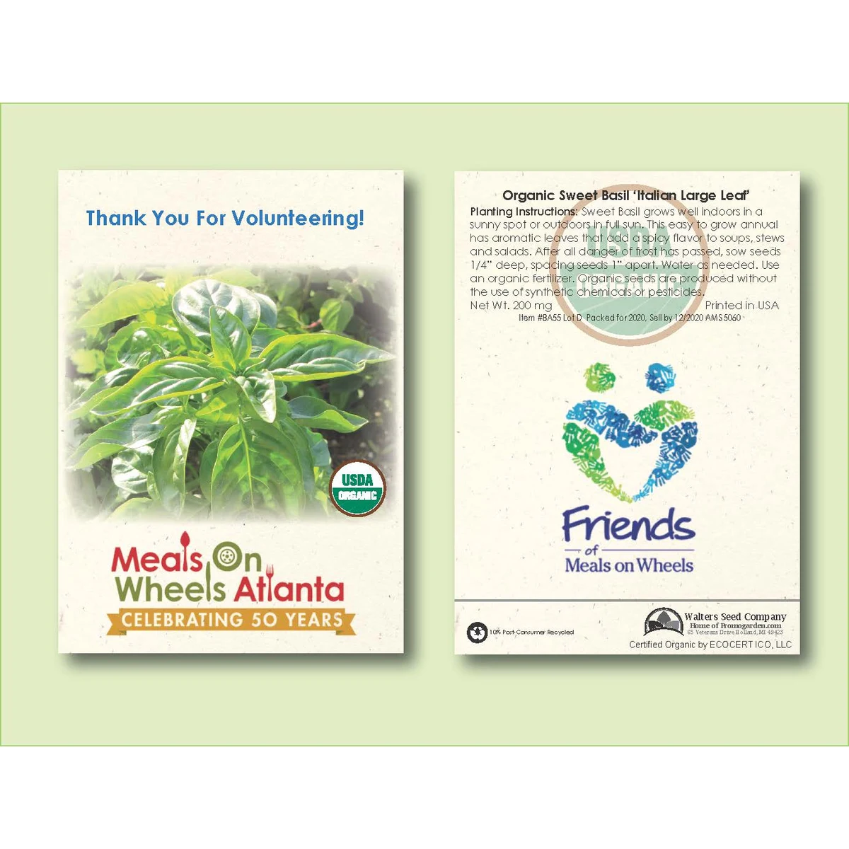 Organic Basil 'Large Leaf' Seed Packet - Standard Size 3.25" x 4.5" 1