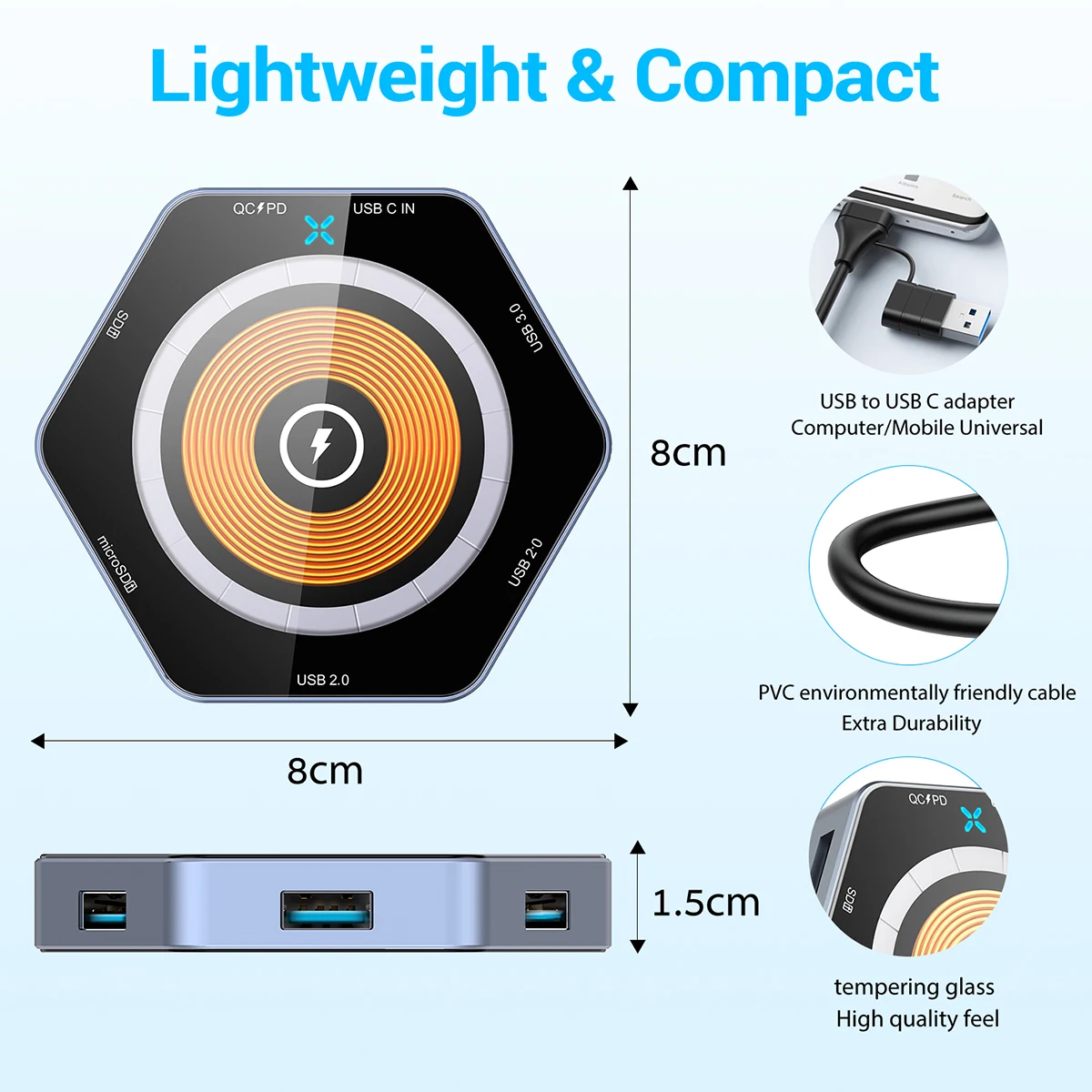 Hexagon Shaped 15W Magnetic Fast Wireless Charger, USB Hub and Card Reader With QC and PD 1