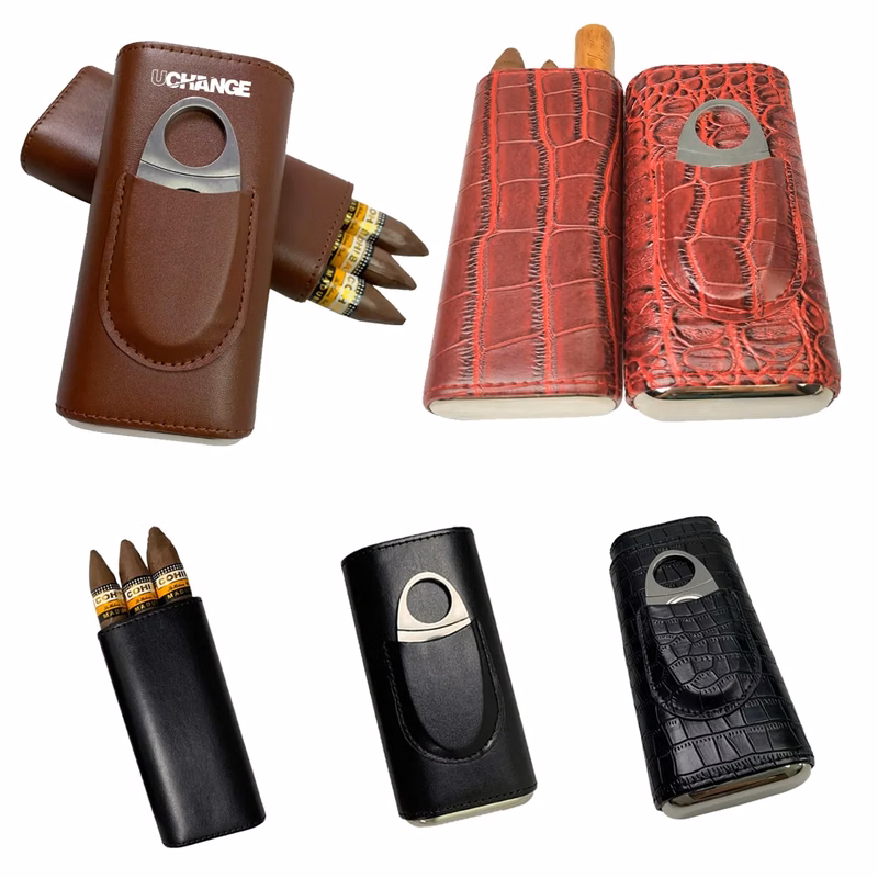 Travel Leather Cigar Case With Cutter Gift Set