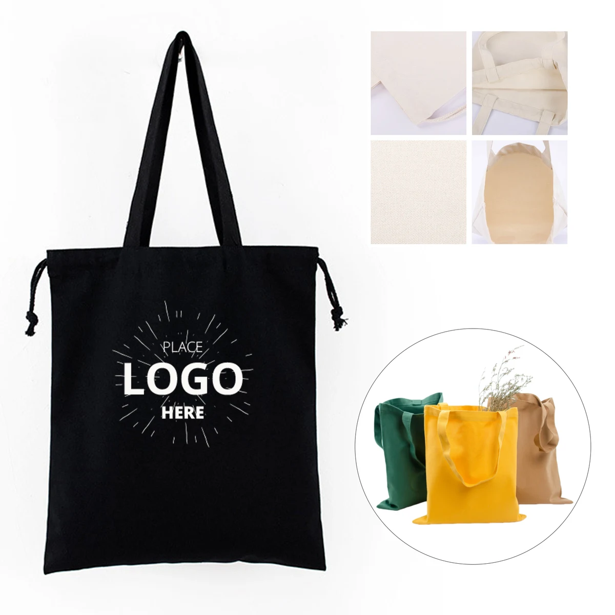 Drawstring Closure Canvas Shopping Tote Bag 1