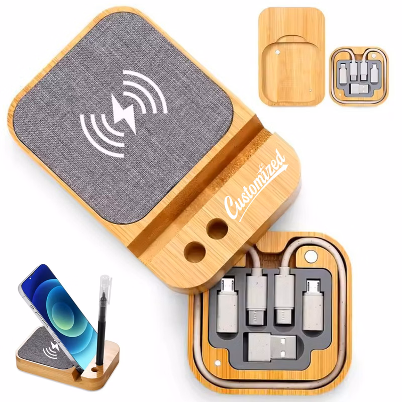 Bamboo Wireless Charging Phone Stand with Pen Holder