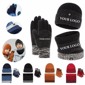 Winter Knit Hat Warmer Scarf Touchscreen Gloves Set