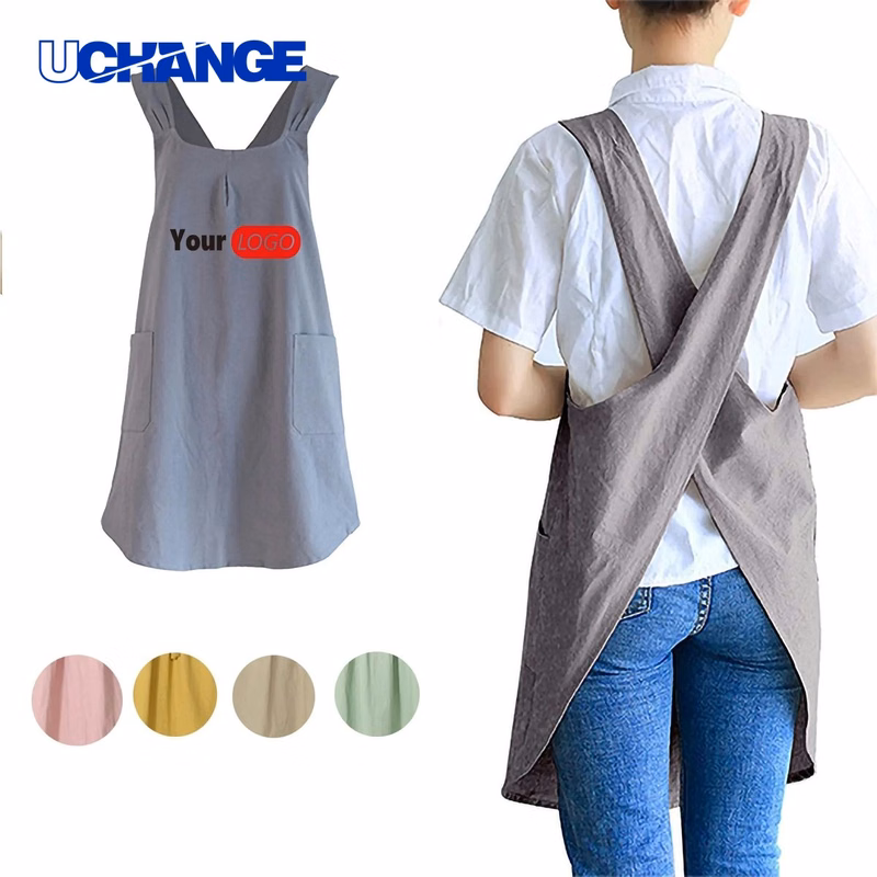 Cotton Linen Cross-Back Apron with Pockets