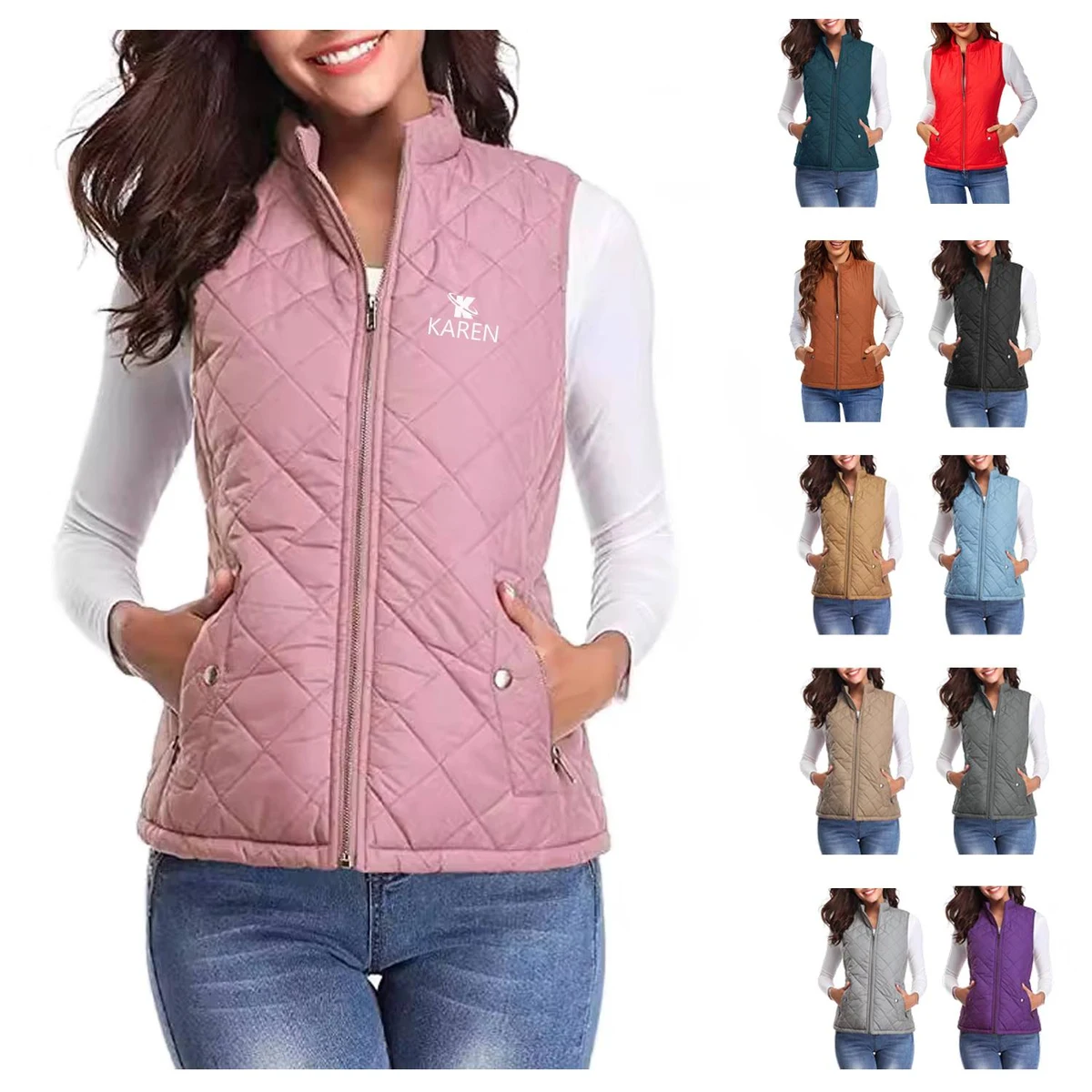 Sleeveless Zipper Diamond Quilted Puffer Warm Vest Jacket 1