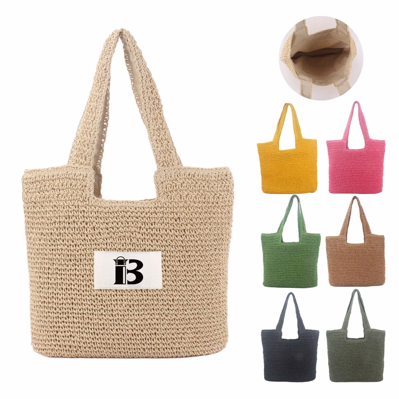 Handwoven Paper Rope Beach Tote Bag w/ Polyester Lining
