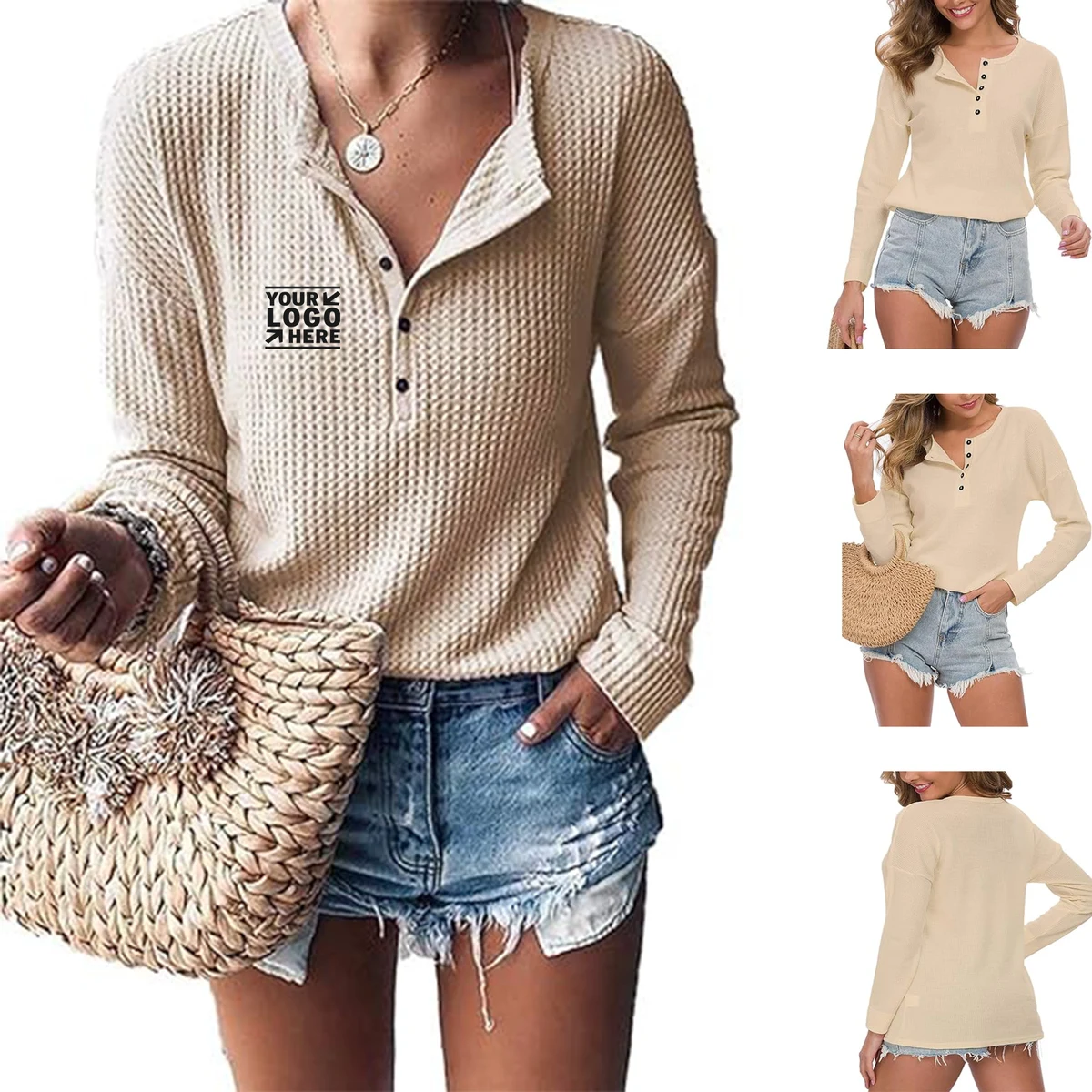Womens Waffle Knit Tunic Tops Loose Long Sleeve Button Up V Neck Henley Shirt 1