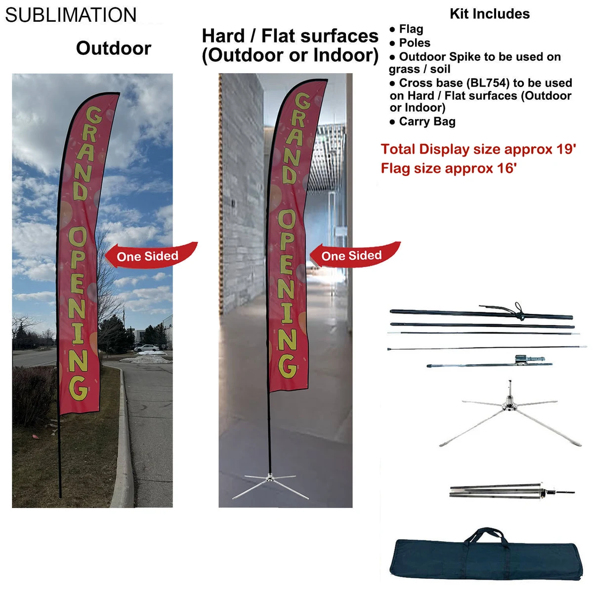 19' X-Large Feather Flag Kit, Full Color Graphics One Side, Outdoor Spike base, Indoor Cross Base 1