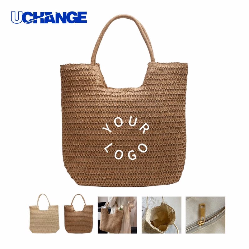 Straw Polyester Beach Tote Bag Carrier with Zippered Lining