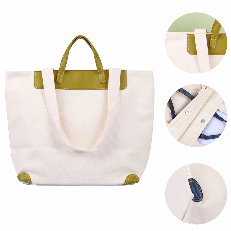 13"x7"Canvas Leather Trim Tote Bag