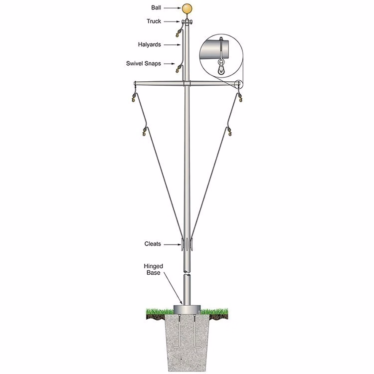 50' Nautical Flagpole w/Yardarm Hinged Base White Fiberglass