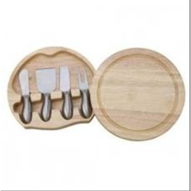 Round Wood Cheese Board w/ 4 Piece Metal Handle Utensils 1