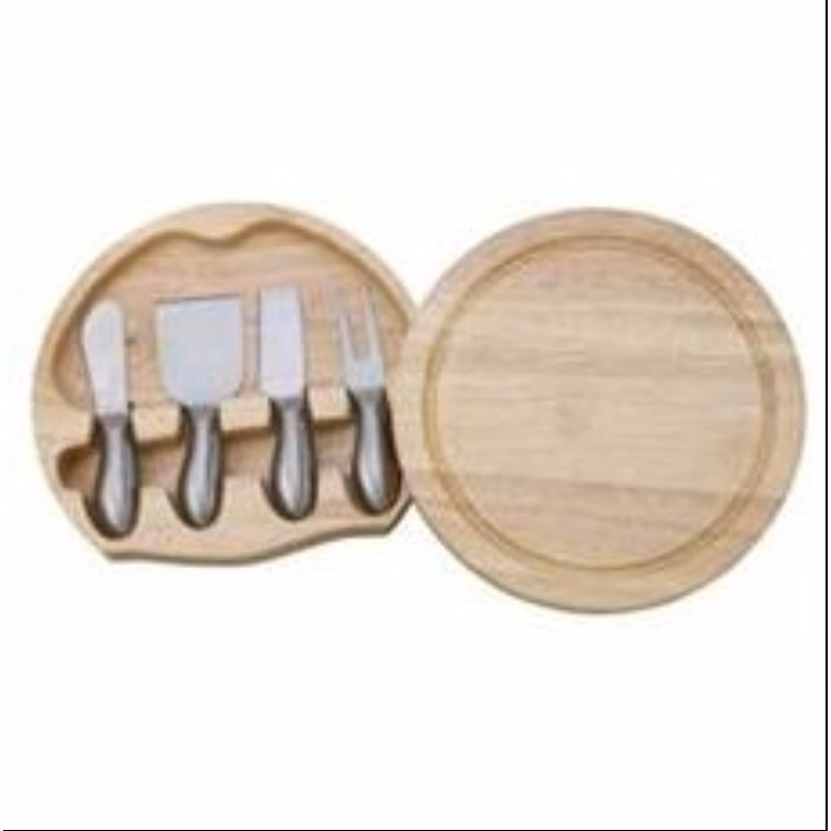 Round Wood Cheese Board w/ 4 Piece Metal Handle Utensils