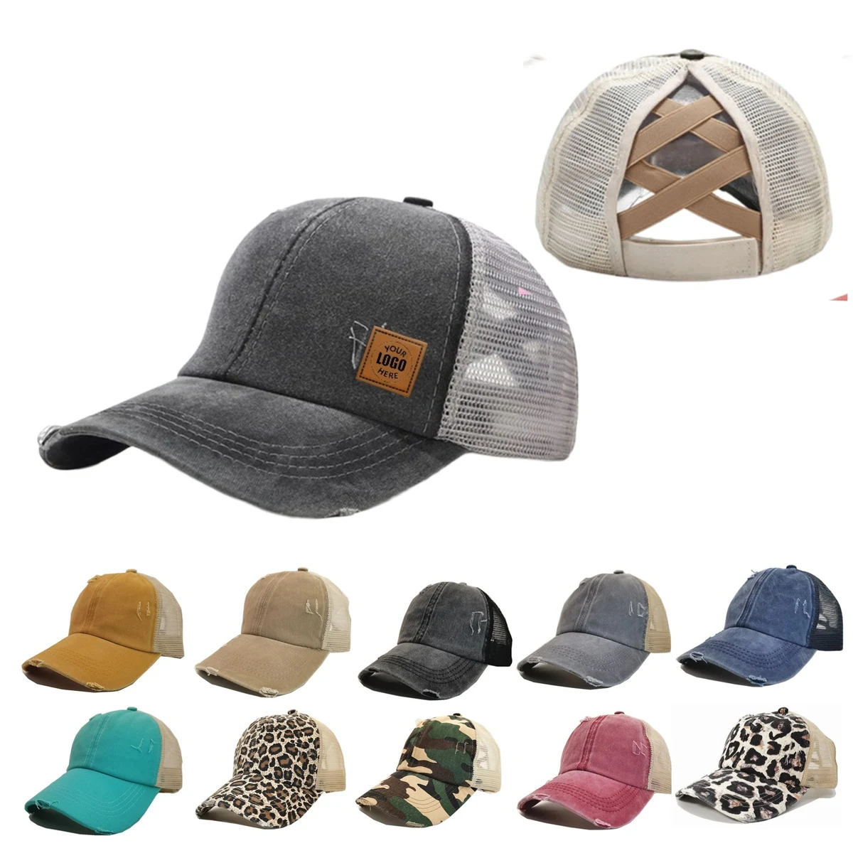 Leather Patch Distressed Ponytail Trucker Cap 1