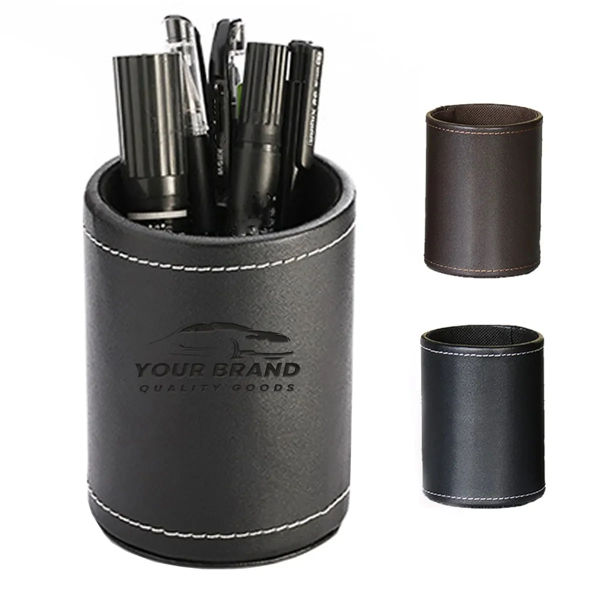 PU Leather Round Pen &Pencil Stationery Stand Desk Organizer 1