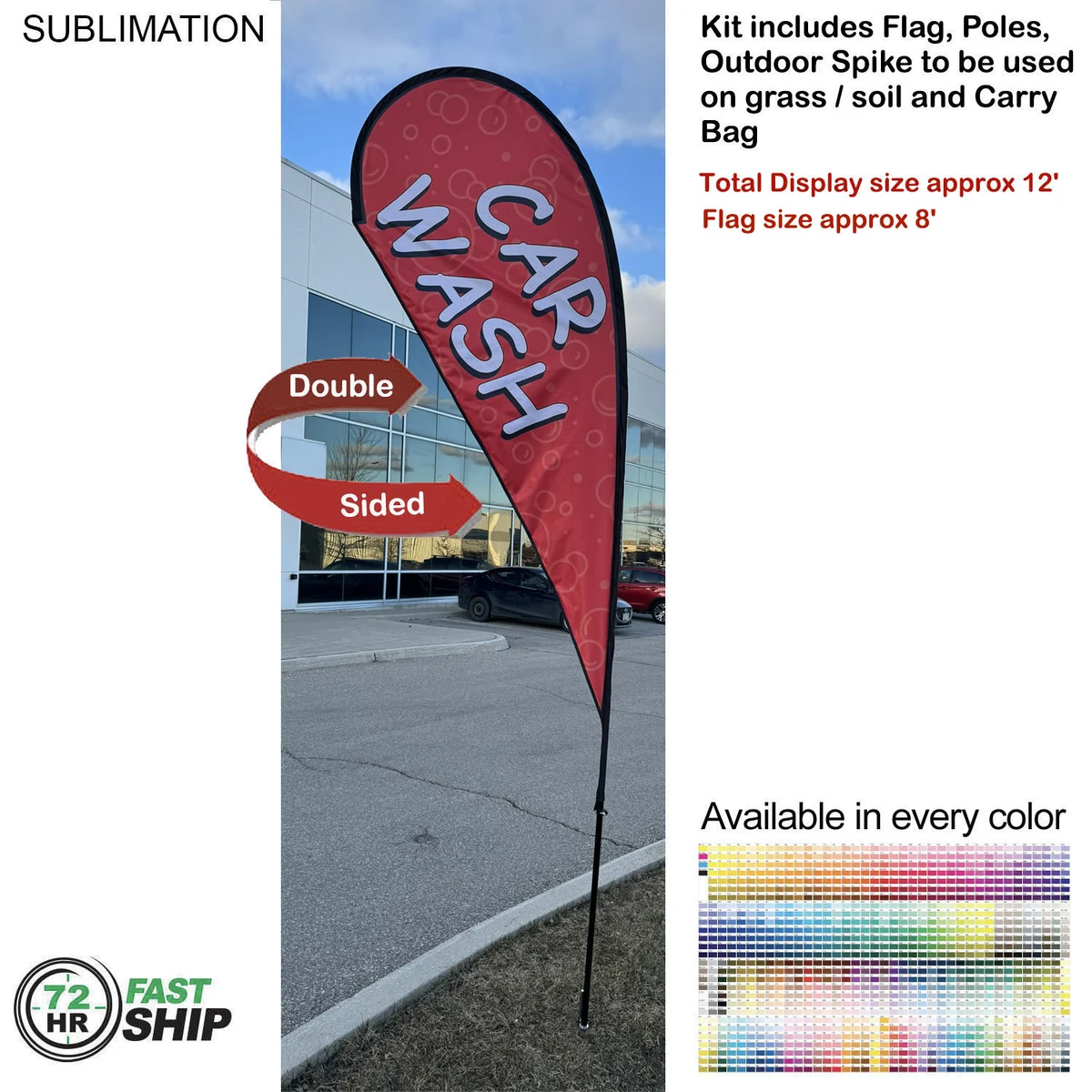 72 Hr Fast Ship - 12' Medium Tear Drop Flag Kit, Full Color Graphics Double Sided, Spike and Bag. 1