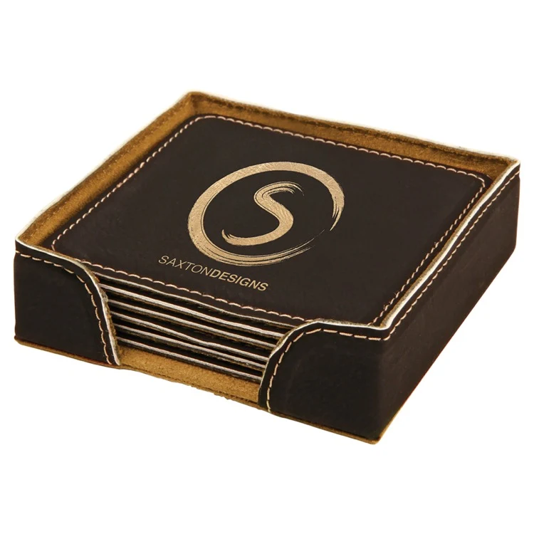 4" x 4" Black/Gold Square Leatherette 6-Coaster Set 1