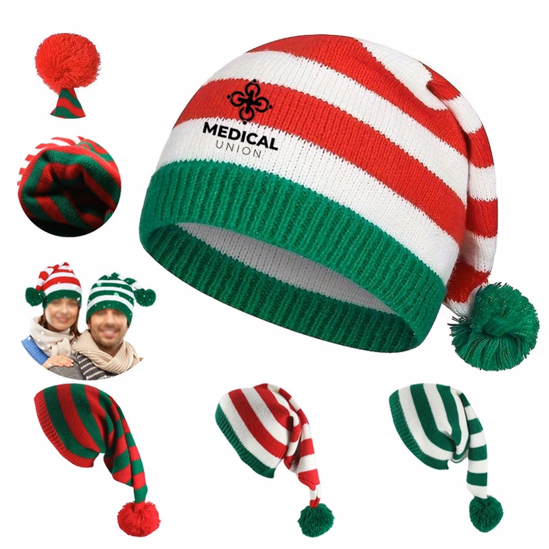 Elf Santa Beanies Christmas Knitted Hats Stripes Pompom Caps