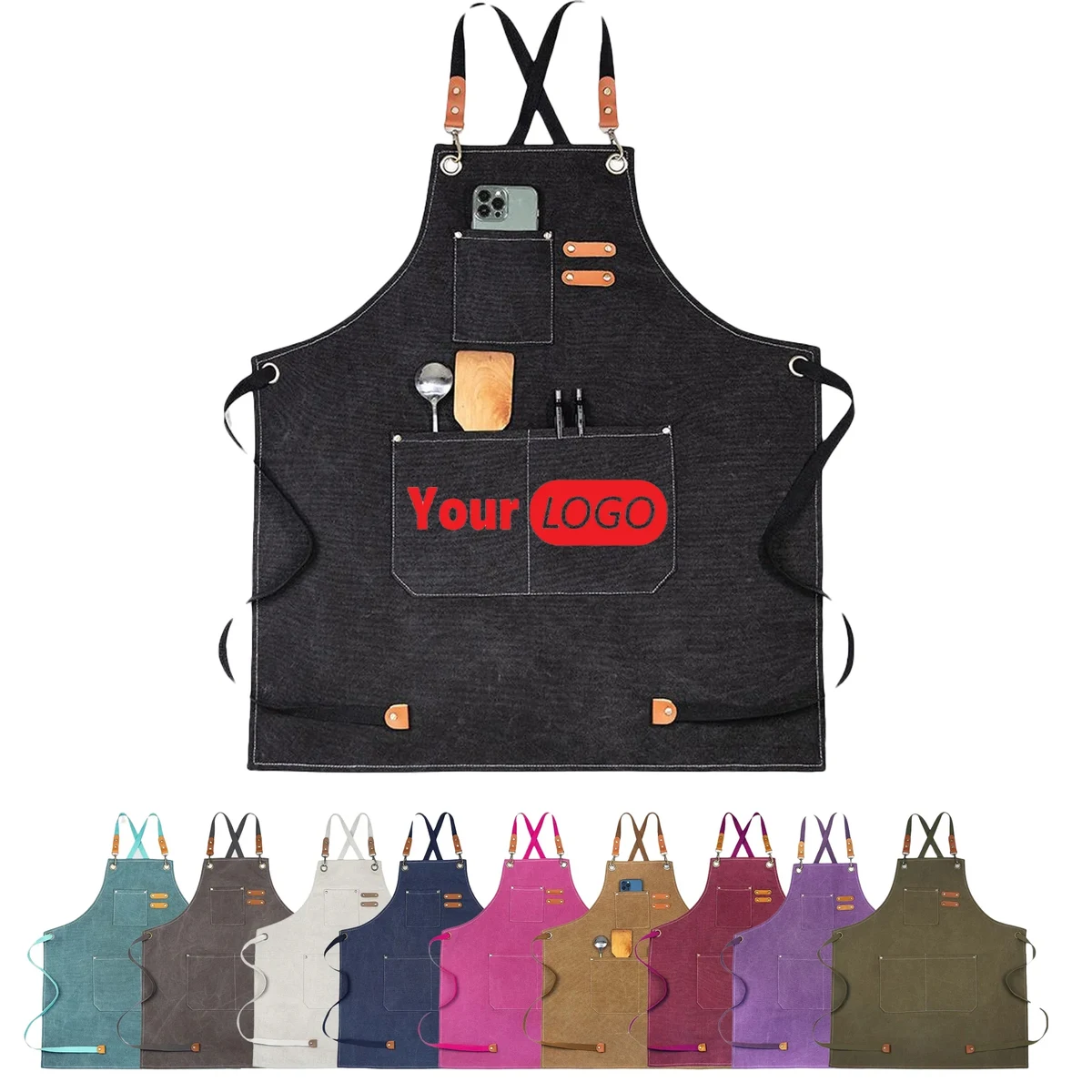 MOQ 20 Cross Back Strap Washed Cotton Canva Chef Grill Apron 1