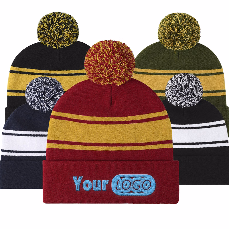 Two-Tone Knit Pom Beanie With Cuff-Embroidered
