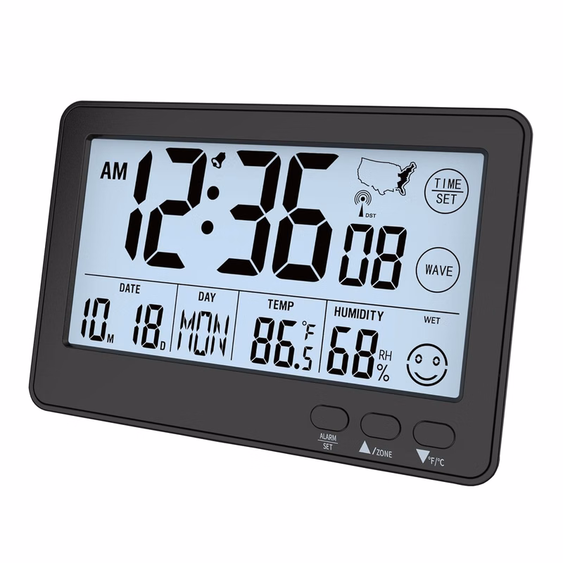 Multifunctional Atomic Wall Desk Clock with Auto Time Sync, Temperature Humidity Display, Backlight.