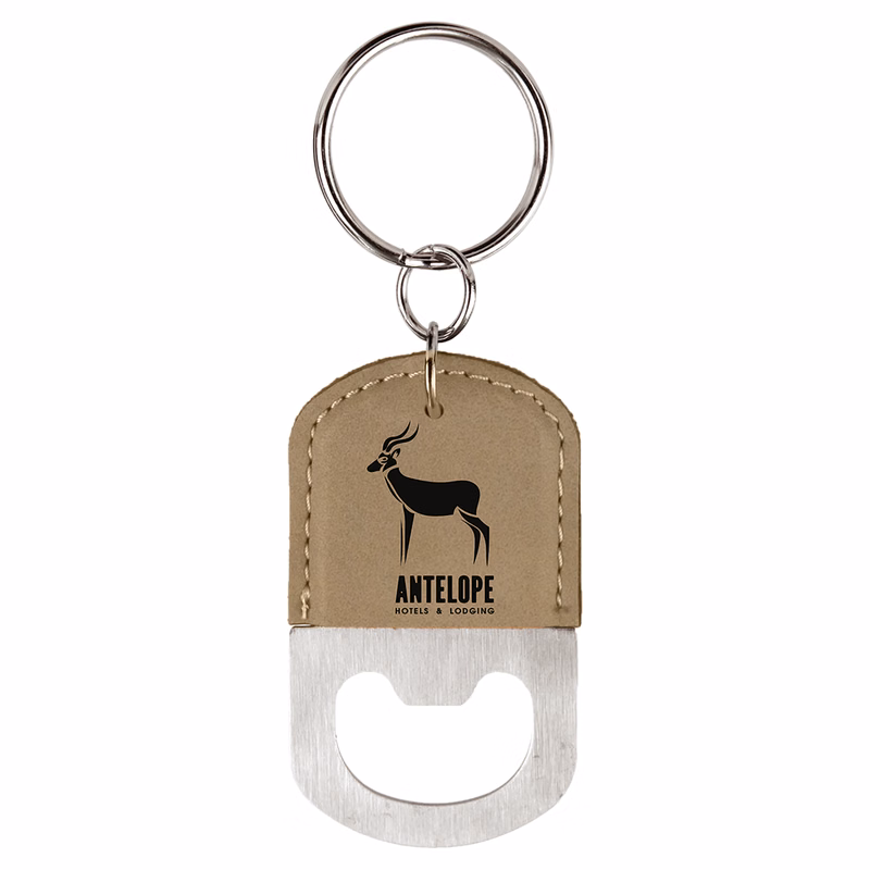Branded Oval Leatherette Bottle Opener Keychain Laser Engraved