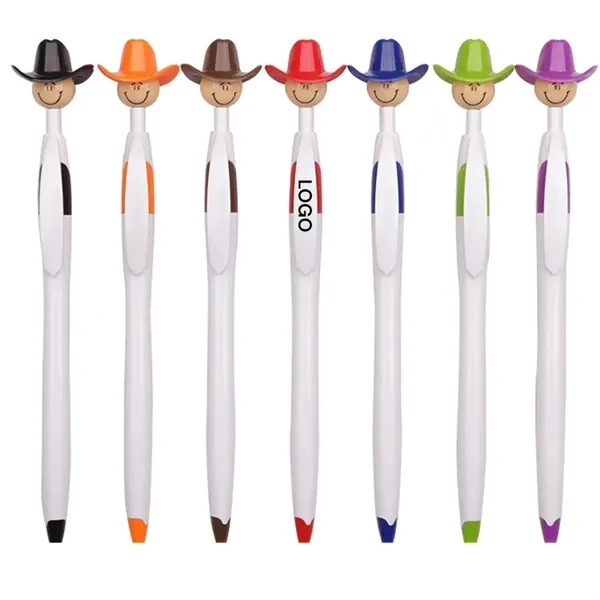 Custom 6.7" Plastic Ballpoint Pen with Cowboy Hat Novelty Topper — Western Brand Promo, custom pen with logo imprint 1