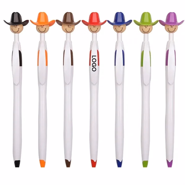 Custom 6.7" Plastic Ballpoint Pen with Cowboy Hat Novelty Topper — Western Brand Promo