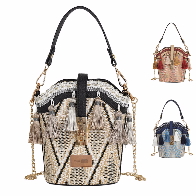 Jute Straw cylindrical shell bucket bag