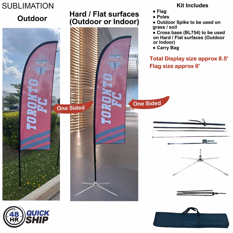 48hr Quick Ship - 8.5' X-Small Feather Flag Kit, Full Color Graphic 1 Side, Outdoor and Indoor bases