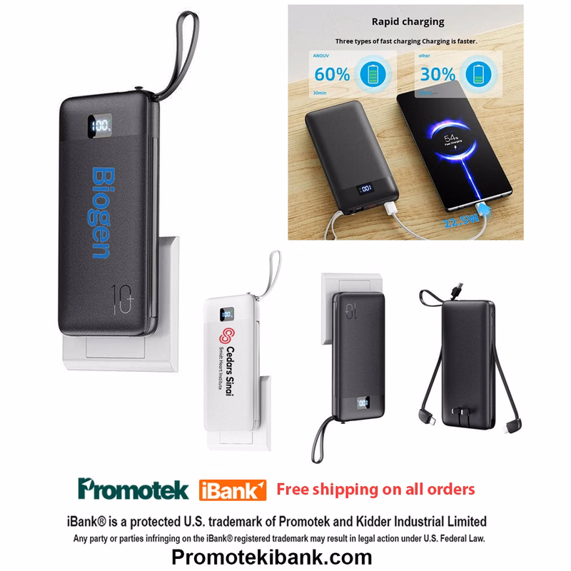 iBank ® Power Bank with Built-In Cables, Retractable AC Wall Plug, and LED Battery Display, 10000mAh