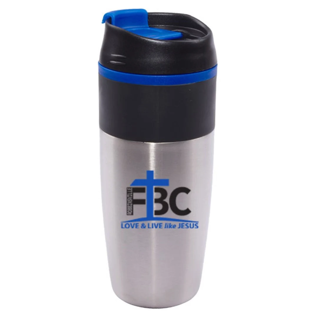 16 oz Bandit Black Stainless Steel Travel Mug with Black Lid And Blue Accents 1