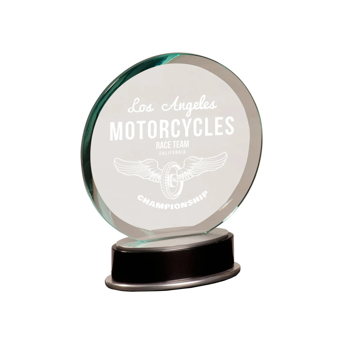 7 1/4" Jade Round Metro Glass Award w/ Silver and Black Piano Finish Base 1