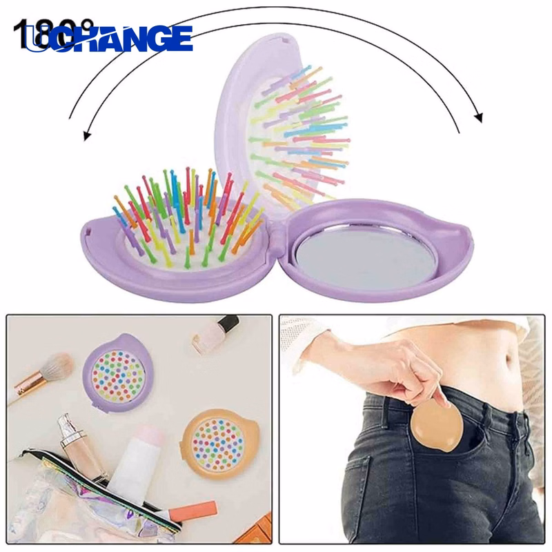 Folding Round Mini Hair Comb with Mirror