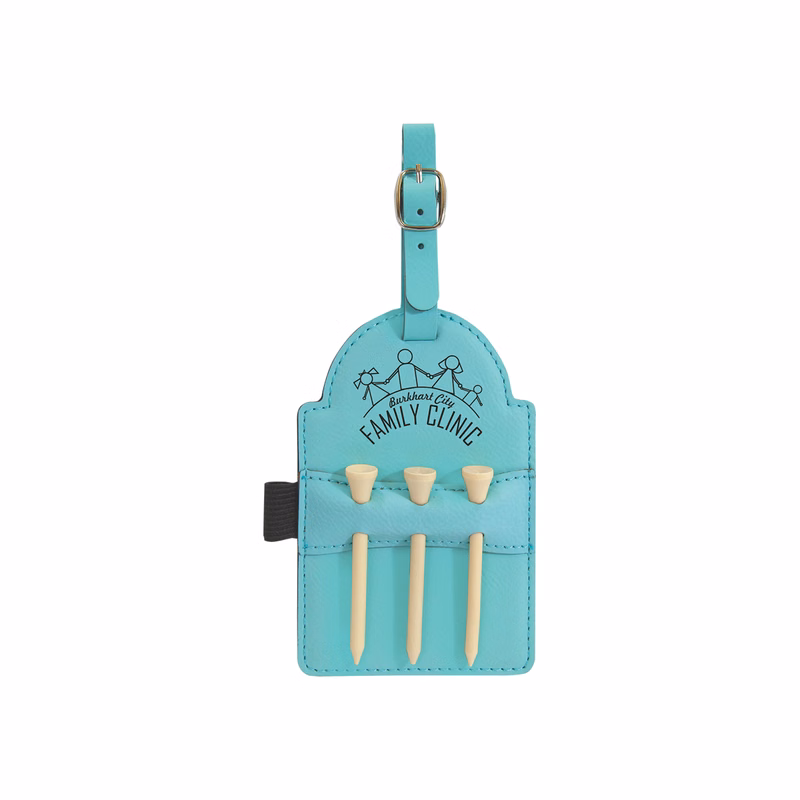 3" x 5" Teal Leatherette Golf Bag Tag w/ 3 Wooden Tees