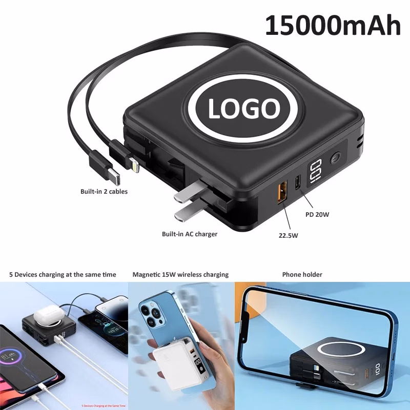 15000mAh Portable Power Bank Built-in Cable and AC Wall Plug