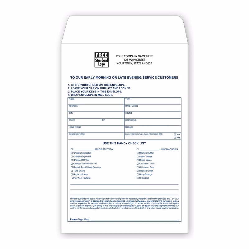 Auto Service Envelopes - After Hours /Overnight