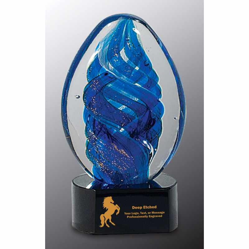 6" Blue Oval Swirl Art Glass Award