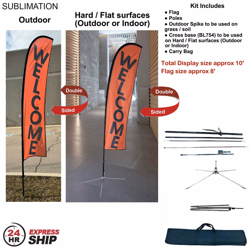 24H Express Ship- 10' Small Feather Flag Kit, Full Color Graphic Double Sided, Outdoor & Indoor base