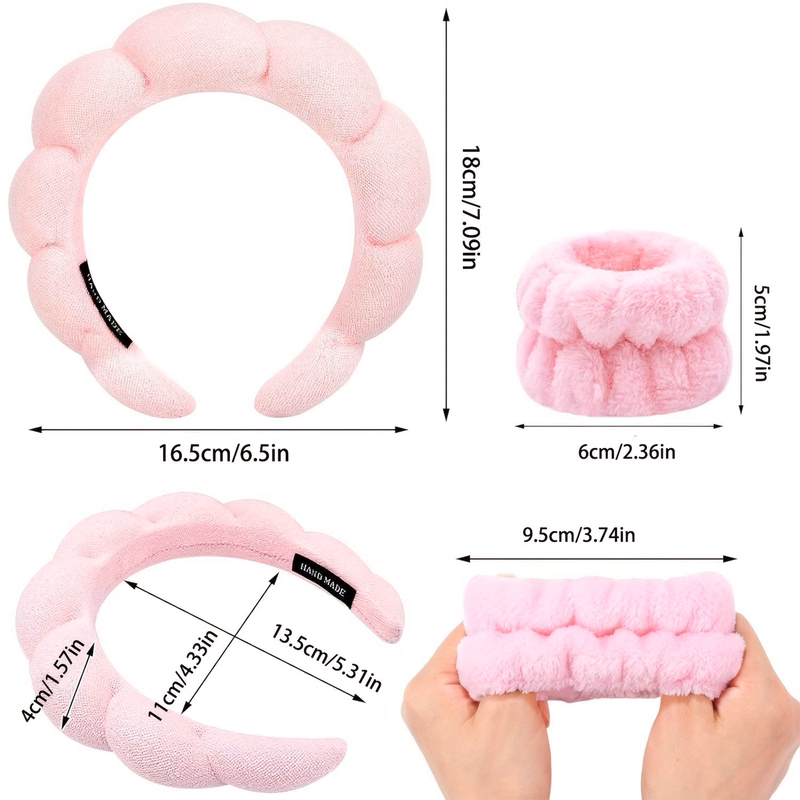 High-Quality Plush Material Soft And Stylish Headband & Wristband Set For Makeup And Spa