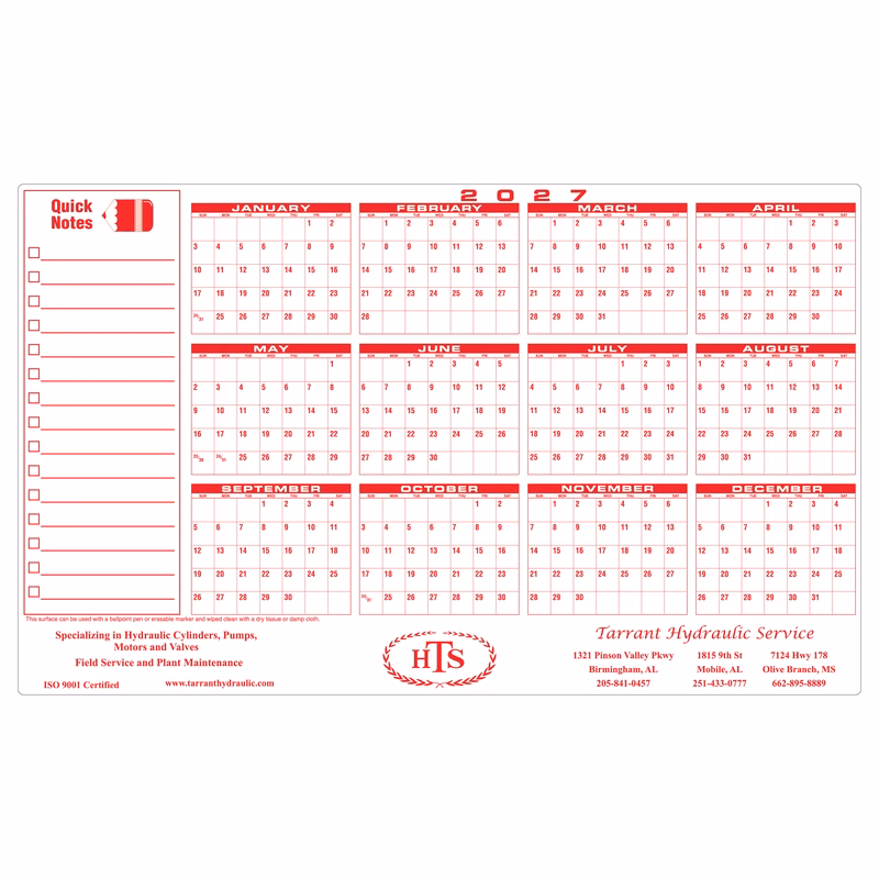 Premium Plastic Write-on/ Wipe-off Year-at-a-Glance Calendar (Horizontal)