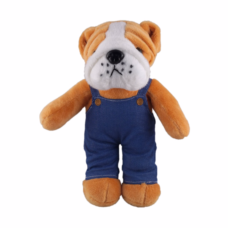 Soft Plush Stuffed Bulldog in denim overall.