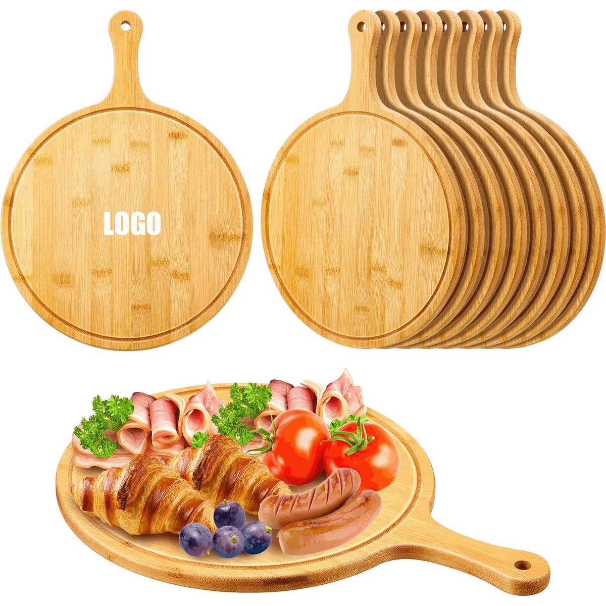 Pizza Cutting Board with Slice Grooves/Round Wood Cutting Board with Handle Wooden Serving Board 1