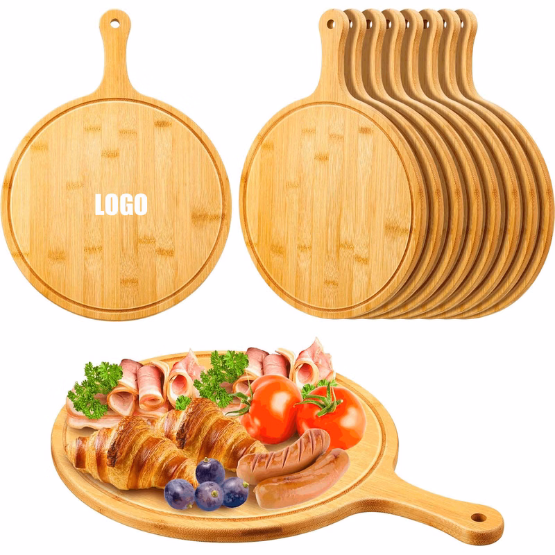 Pizza Cutting Board with Slice Grooves/Round Wood Cutting Board with Handle Wooden Serving Board