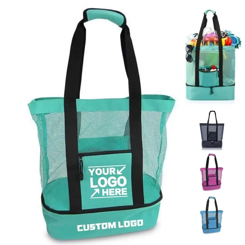 Mesh Beach Tote With Cooler Compartment Zipper Pocket 1