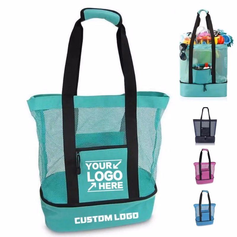 Mesh Beach Tote With Cooler Compartment Zipper Pocket