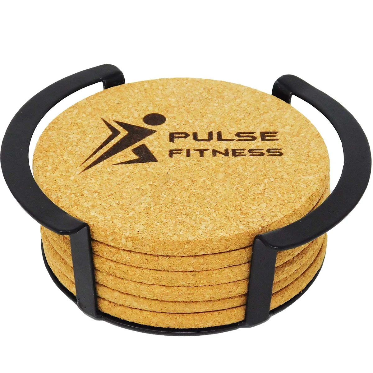 6 Pc. Round Cork Coaster Set with Black Metal Stand 1