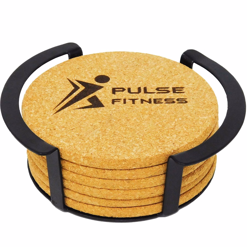 6 Pc. Round Cork Coaster Set with Black Metal Stand