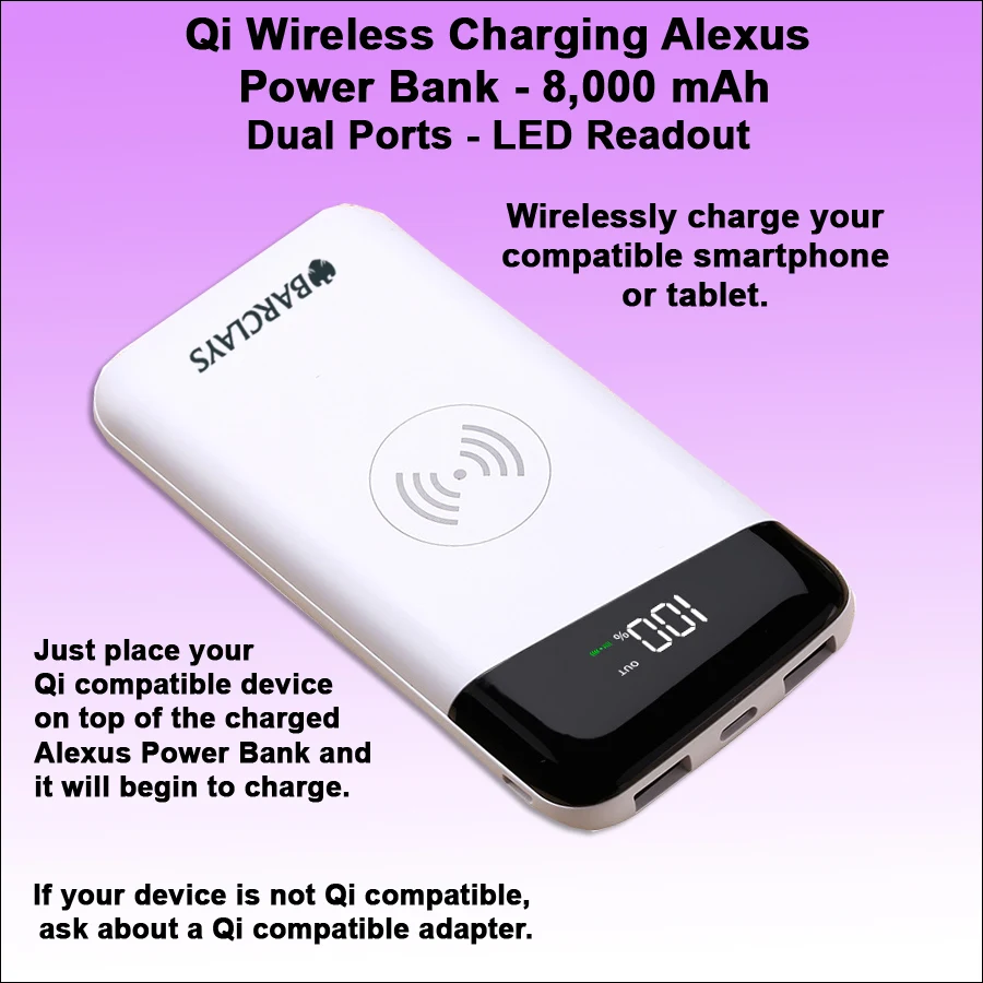Qi Wireless Charging Alexus Power Bank 8000 mAh- White 1