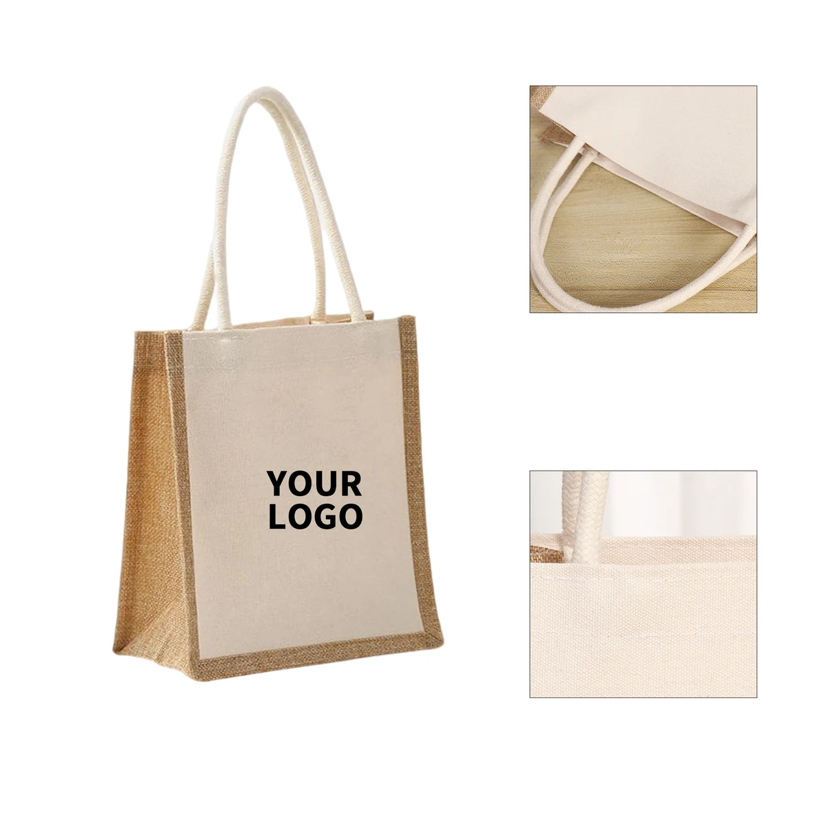 Jute Canvas Patchwork Carry Tote With PE Liner, custom tote bag with logo imprint 1